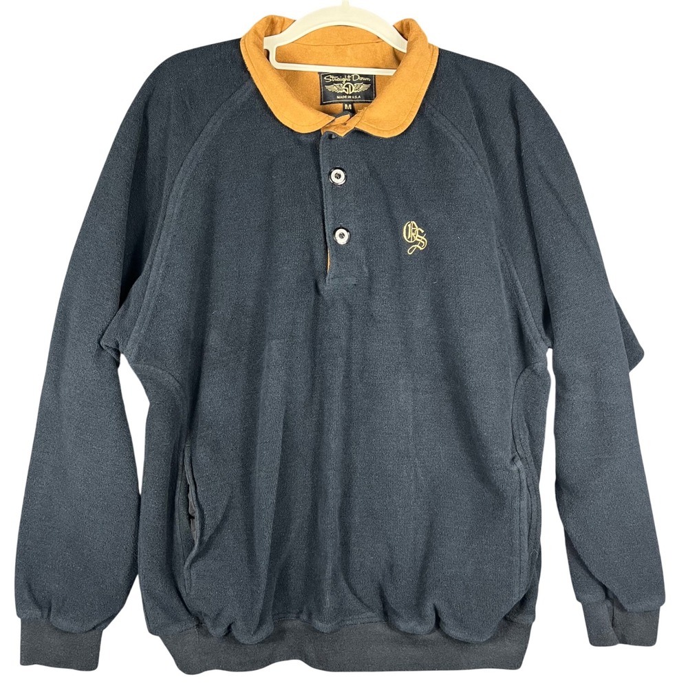 Straight Down Fleece Pullover Mens Medium Navy Blue Quarter Button Golf Made USA